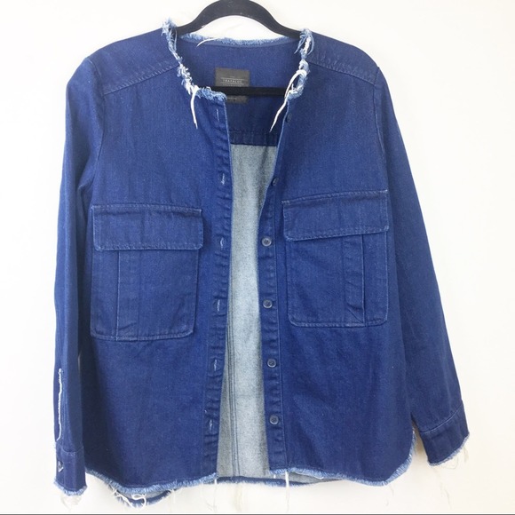 Zara Collarless Fringe Dark Denim Jean Jacket SZ M - Picture 3 of 7